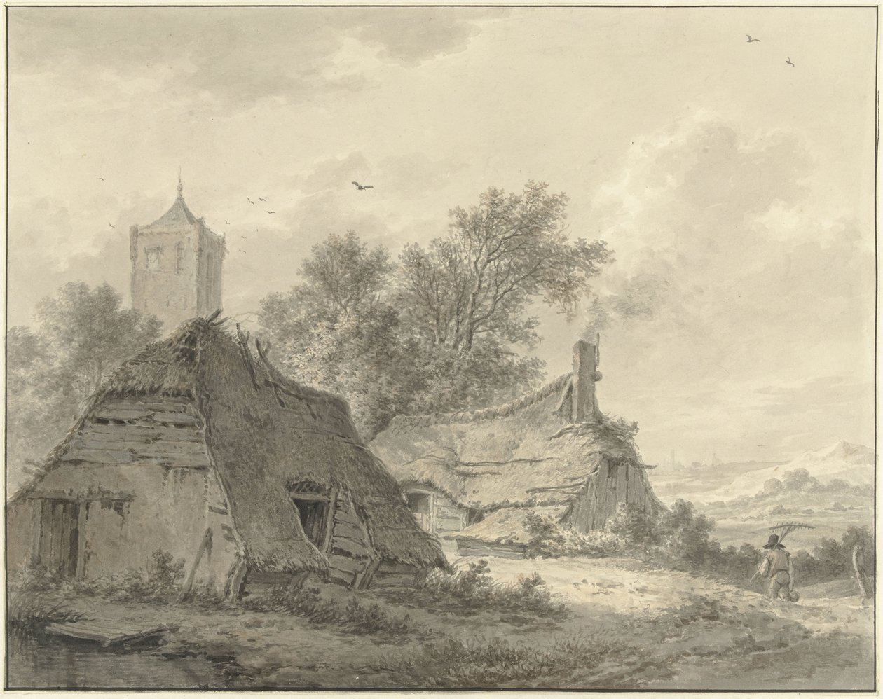 Paisagem com duas fazendas e uma torre de igreja de Pieter Pietersz. Barbiers