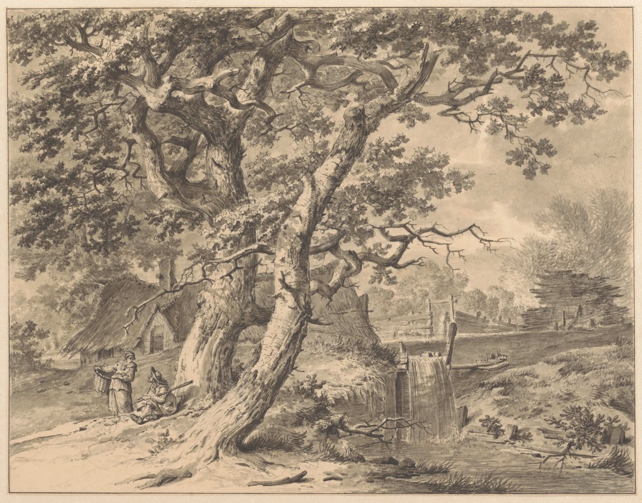 Paisagem com uma cachoeira sob duas grandes árvores de Pieter Pietersz. Barbiers