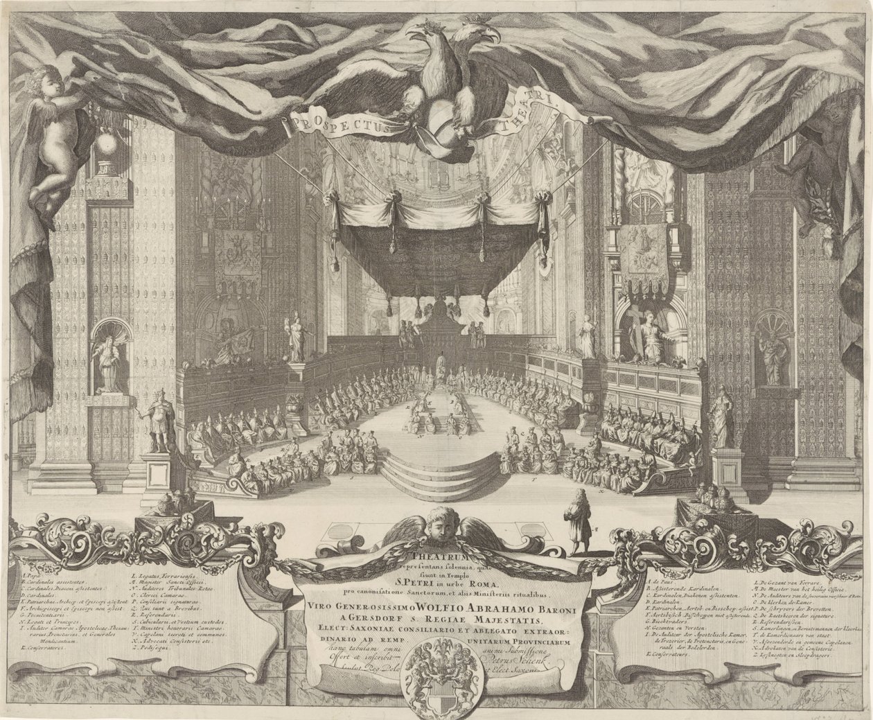 Gezicht in de Sint-Pietersbasiliek Um teatro representando os crimes que acontecem no Templo de São Pedro na cidade de Roma (título no objeto) de Pieter Schenk (I)