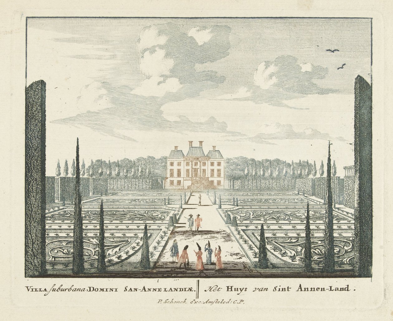 Vista da casa de campo Clingendael em Haia Gesichte van het Famous Loo como outras casas reais (título da série) Admirandorum quadruplex spectaculum (título da série) de Pieter Schenk (I)