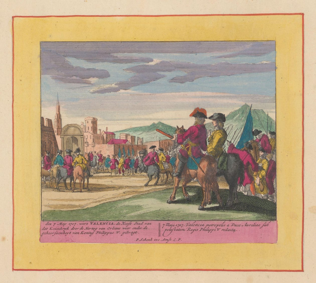 Captura de Valência, 1707
Teatro da Guerra, a começar pelo Rei Carlos den II. Ao Rei Carlos den III. Consiste em IX. Figuras Históricas numa Folha de Elefante, como Batalhas, Cercos na Água e na Terra, com as principais Fortificações de Pieter Schenk (I)