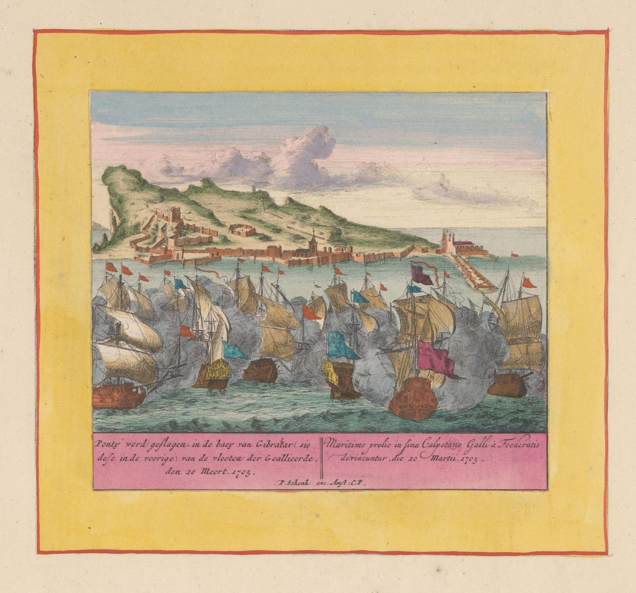 Batalha Naval em Gibraltar, 1705
Ponty sendo batido, na baey of Gibraltar (sie dese in de voorige) das frotas dos Aliados, em 20 de Março de 1705 (título sobre o objecto)
Teatro de Guerra, a começar pelo Rei Carlos II. Até ao Rei Carlos o de Pieter Schenk (I)
