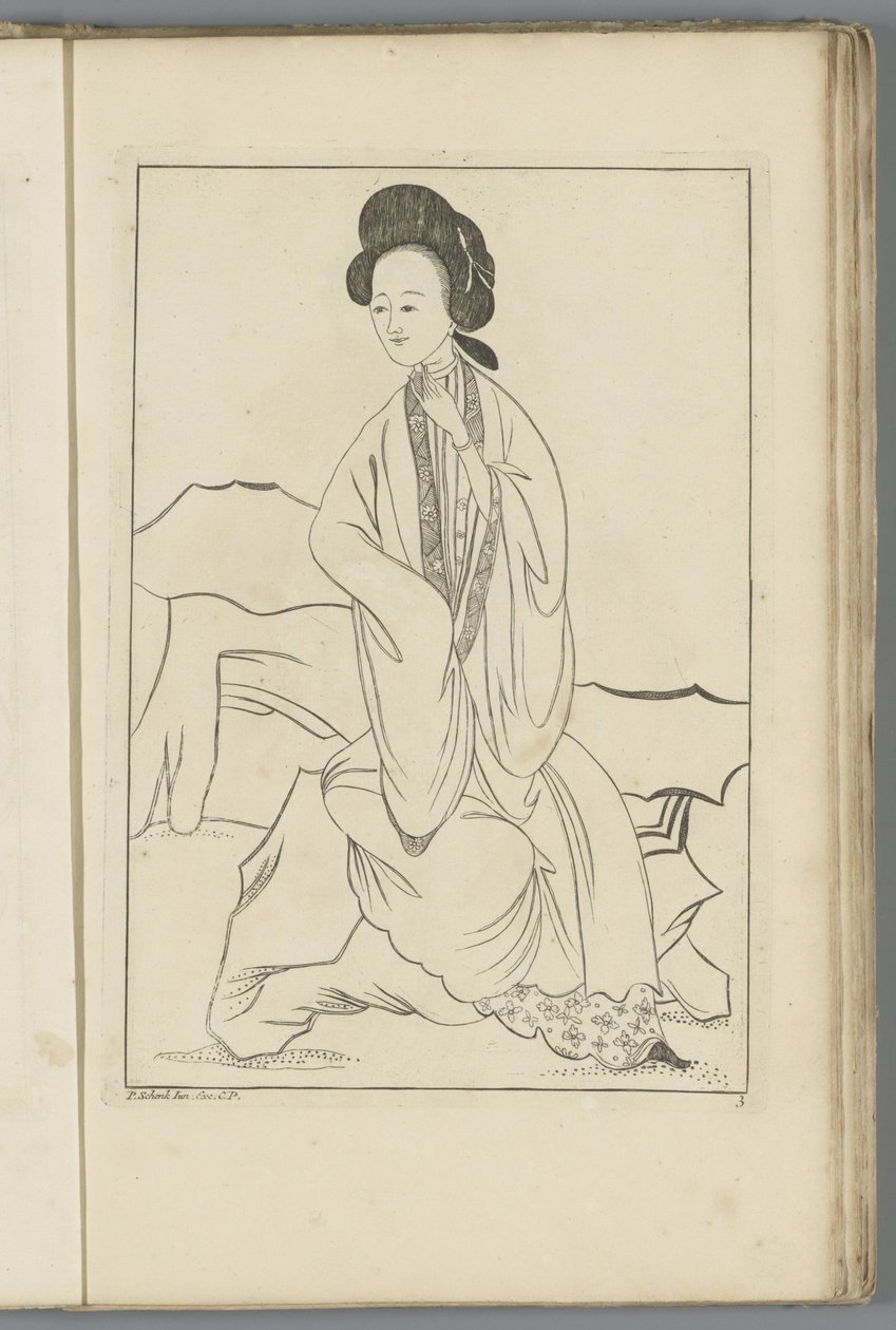 Mulher chinesa com a mão direita na manga do quimono Mulheres chinesas, flores e pássaros (título da série) de Pieter Schenk (II) (possibly)