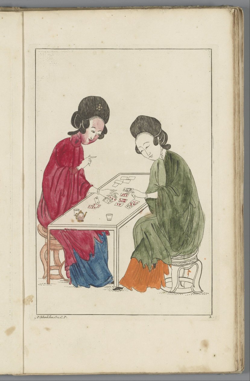 Duas mulheres chinesas jogam um jogo de cartas
Mulheres chinesas, flores e pássaros (título da série) de Pieter Schenk (II) (possibly)