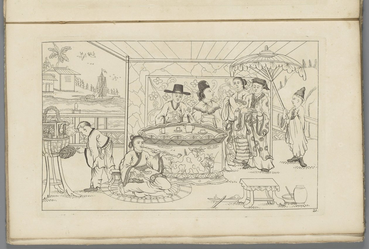 Figuras chinesas em torno de uma mesa de chá
Novas figuras chinesas inventadas desenhadas com grande dificuldade e dadas em Lay, de P. Schenk Jun (...), segundo volume (título da série) de Pieter Schenk (II)