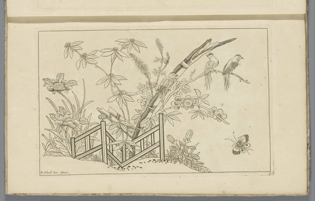 Três pássaros numa árvore florida
Flores e pássaros chineses (título da série) de Pieter Schenk (II)