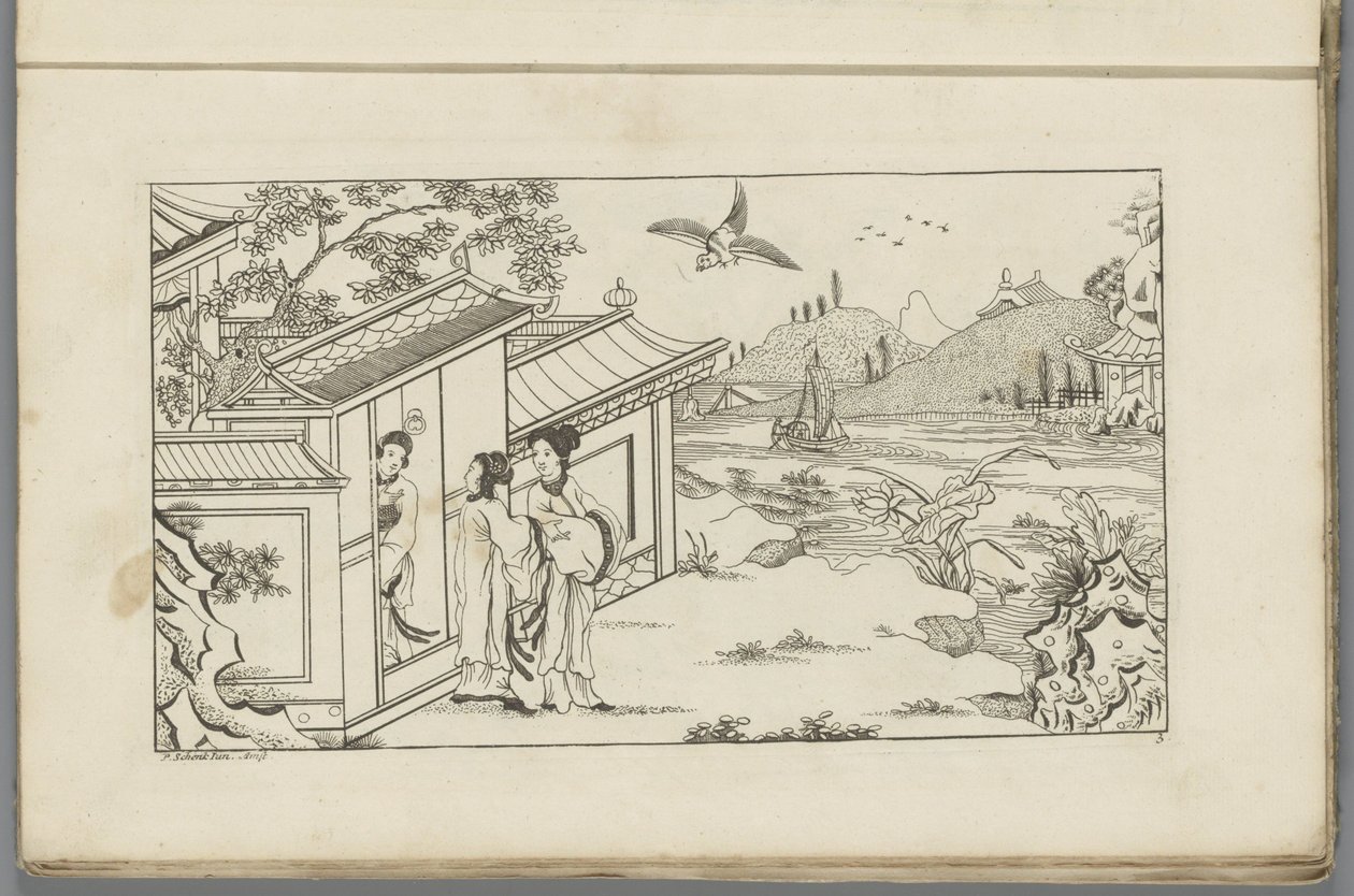 Paisagem com três mulheres chinesas na porta de uma casa Novo Sineesen inventariado, assinado com grande detalhe e publicado em 