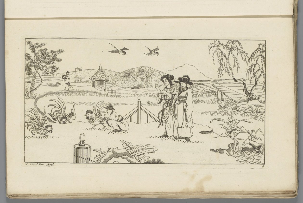 Paisagem com espectadores em uma briga de galos Novo Sineesen inventariado, assinado com grande detalhe e publicado em 