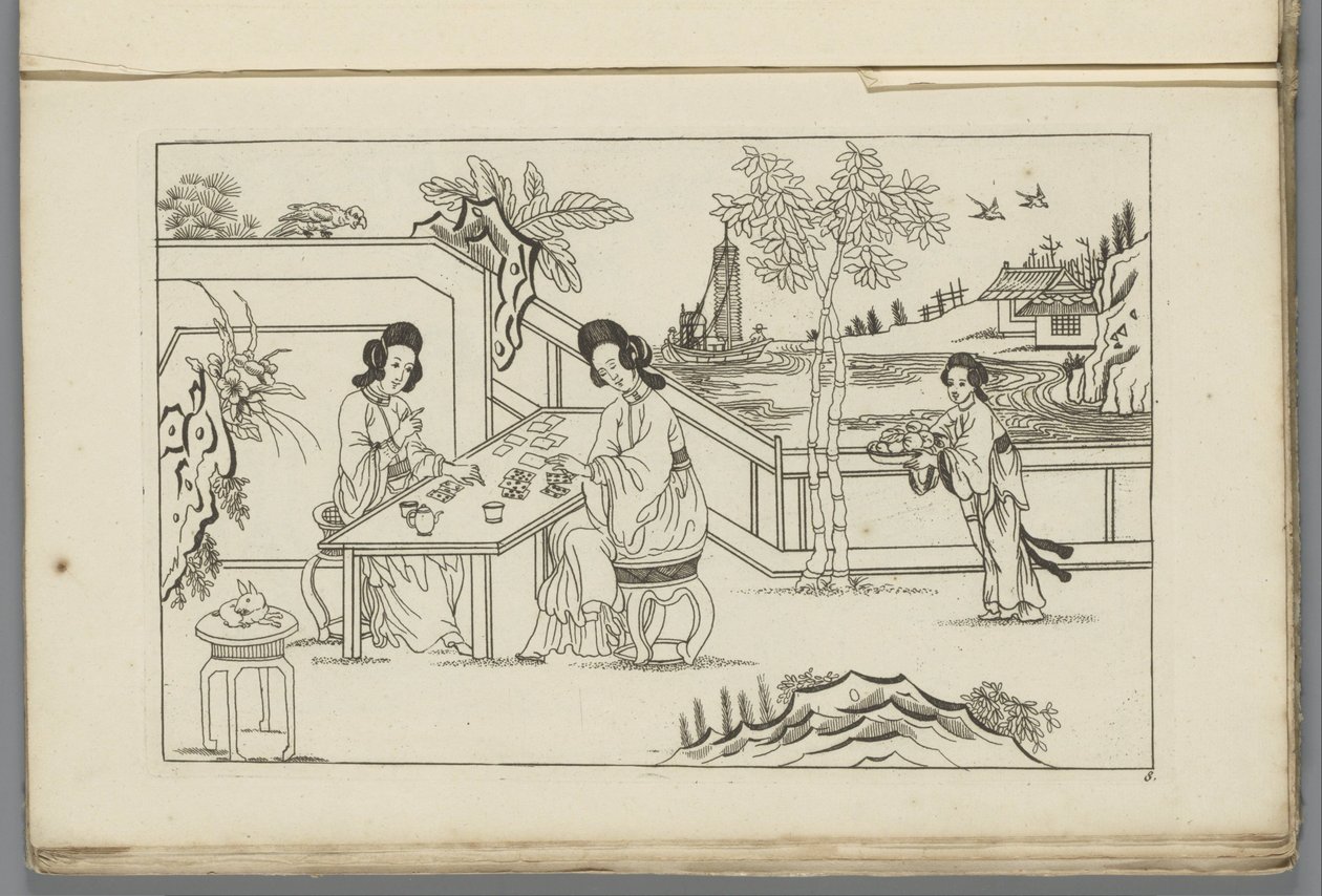 Paisagem com duas mulheres chinesas jogando um jogo de cartas Novo Sineesen inventariado, assinado com grande detalhe e publicado em 