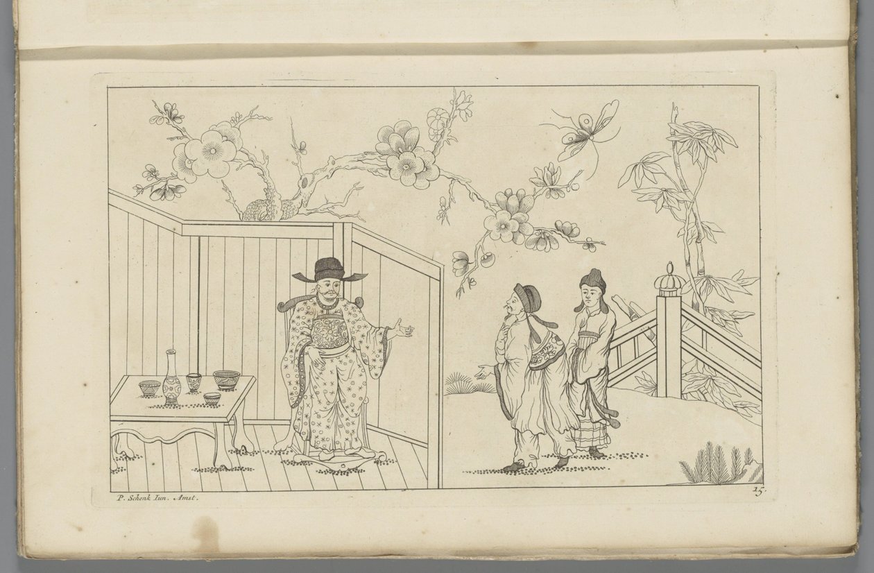 Homem ricamente vestido em uma cadeira em uma mesa posta Novo Sineesen inventariado desenhado com grande detalhe e publicado em 