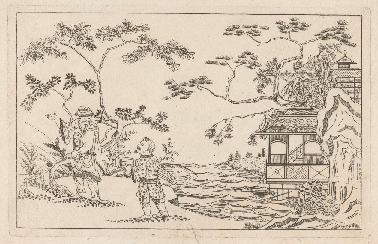 Dois homens chineses em uma paisagem Novo Sineesen inventariado, assinado com grande detalhe e publicado em 