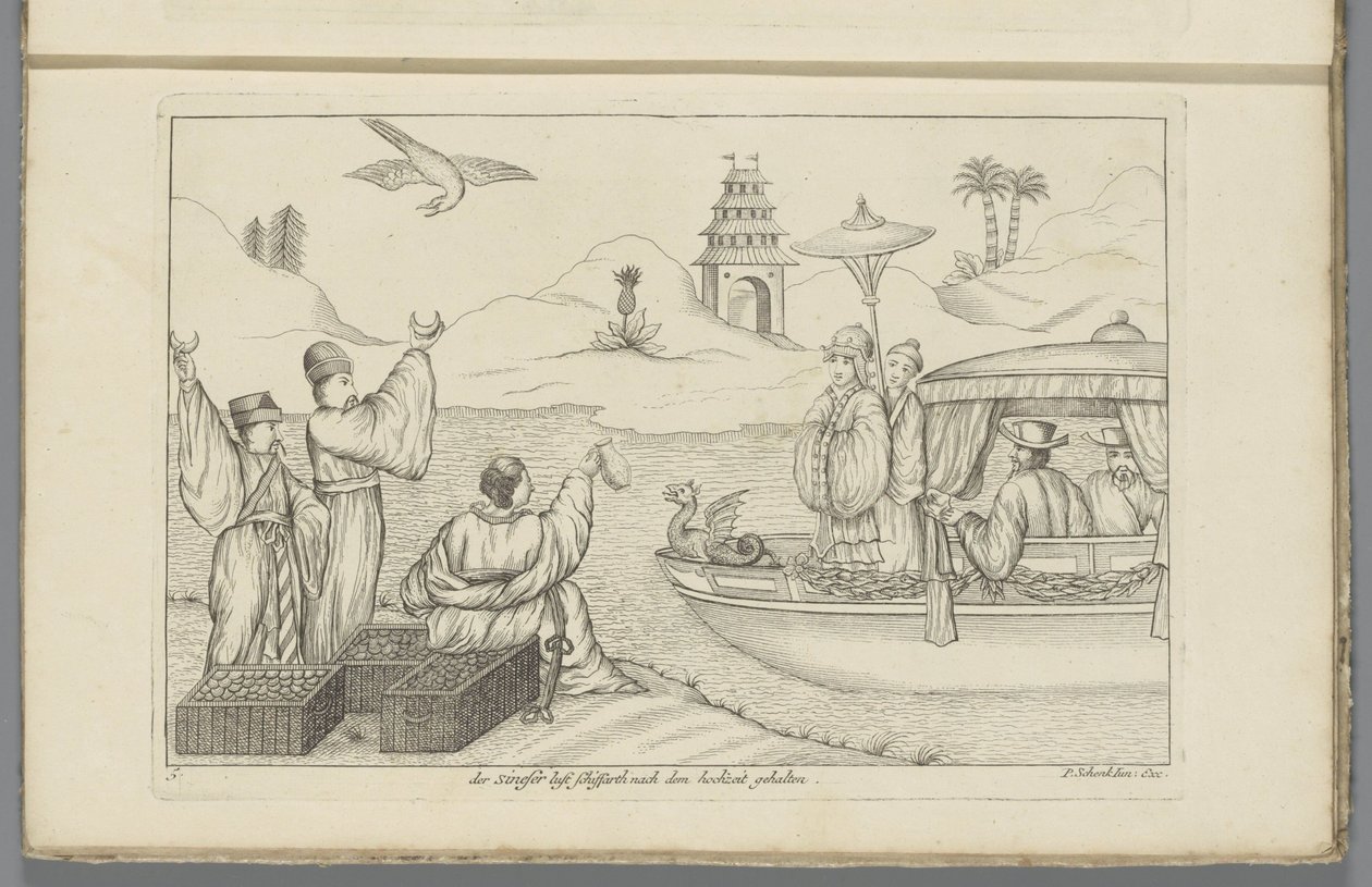 Cruzeiro após um casamento chinês
Der Sineser lust Schiffarth nach dem hochzeit gehalten (título sobre o objecto)
Costumes chineses (título da série) de Pieter Schenk (II)