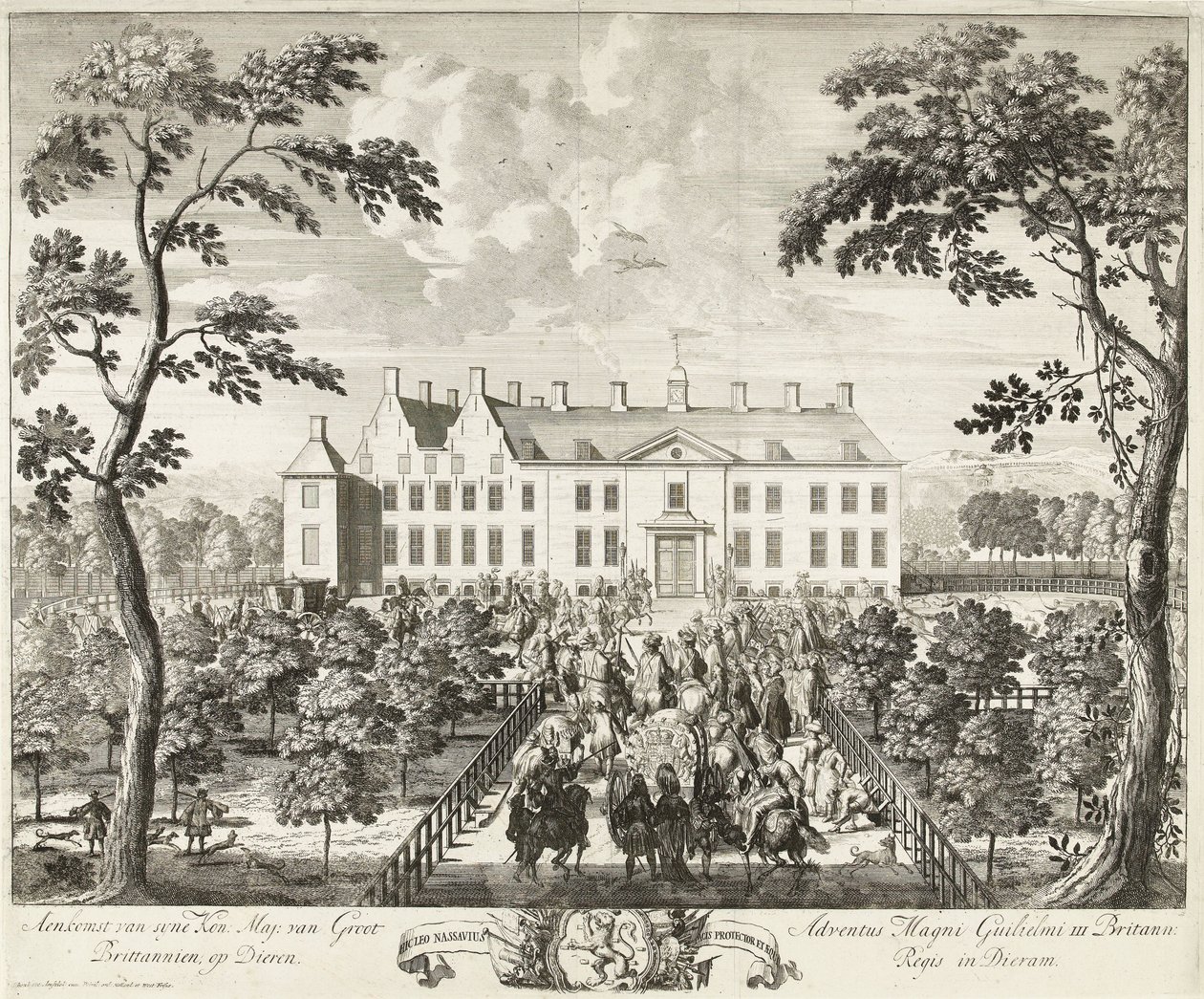 Chegada de William III no pavilhão de caça, Hof te Dieren, 1691 de Pieter Schenk