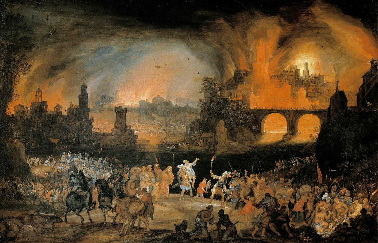 A queima da cidade de Tróia. Pintura de Pieter Schoubroeck (1570-1607). 1606. Museu Kunsthistorisches Viena Áustria de Pieter Schoubroeck