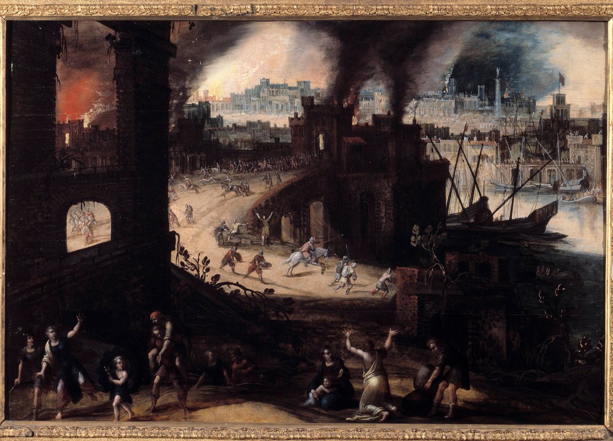 A Destruição da Pintura de Tróia por Pieter Schoubroeck (1570-1607) Besancon do século XVII. Museu de Belas Artes de Pieter Schoubroeck