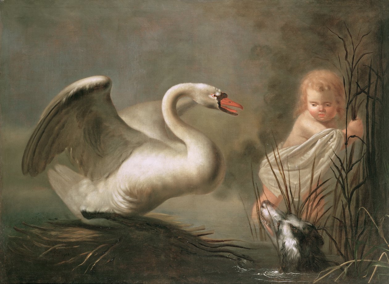 Um cisne guardando seu ninho de uma criança e um spaniel de Pieter Snyers