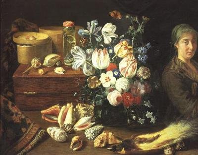 Natureza Morta, flores, conchas, cobras, pássaros e uma mulher de pé. de Pieter Snyers