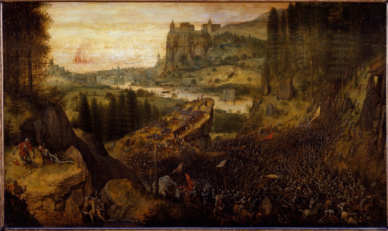 Batalha entre filisteus e israelitas: Saul e seu escudeiro são jogados na espada deles. (pintura de Pieter Bruegel the Elder