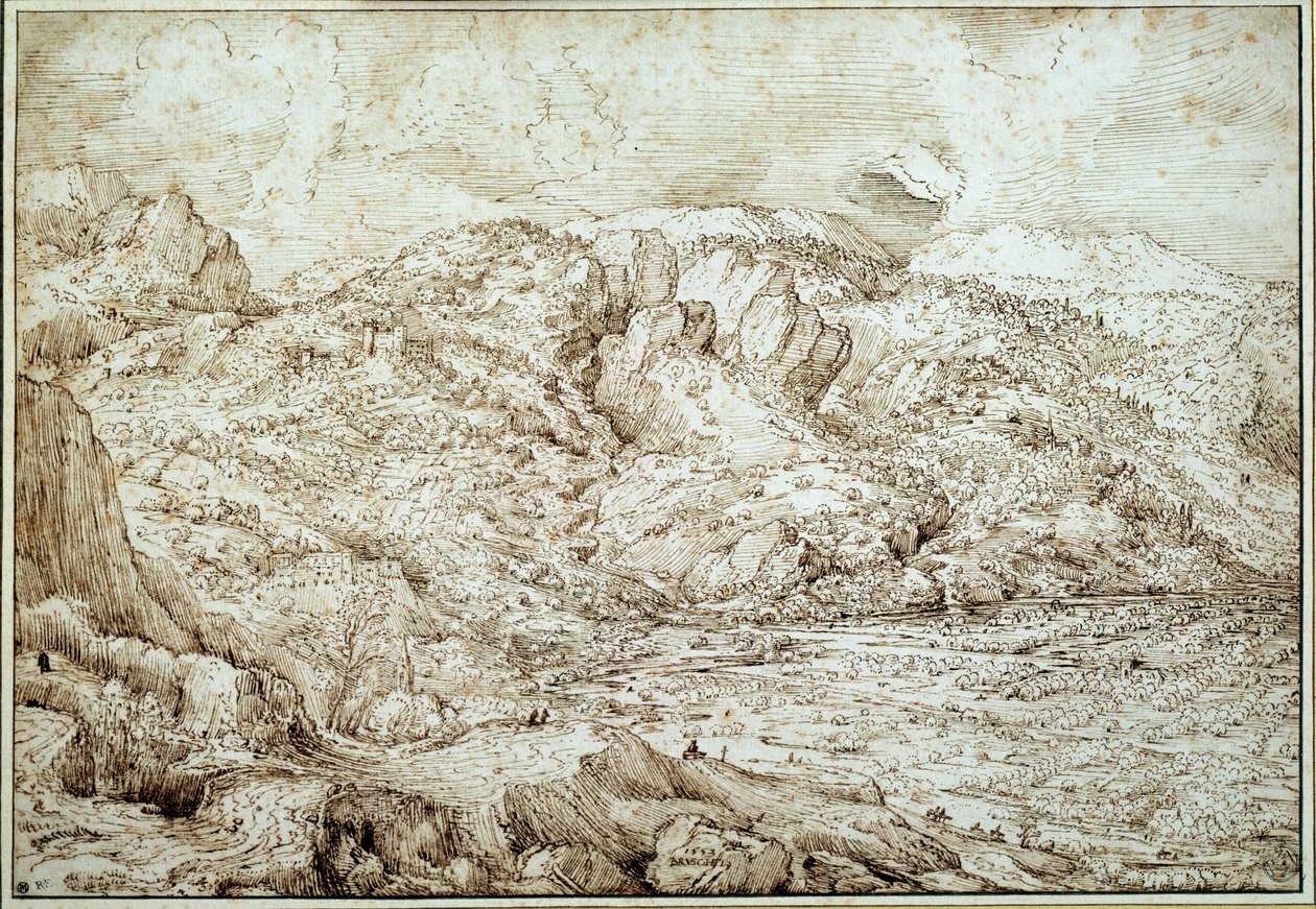 Paisagem dos Alpes. Desenho de Pieter Brueghel Dit The Old Man (1525-1569) Ec. Flam. de Pieter Bruegel the Elder