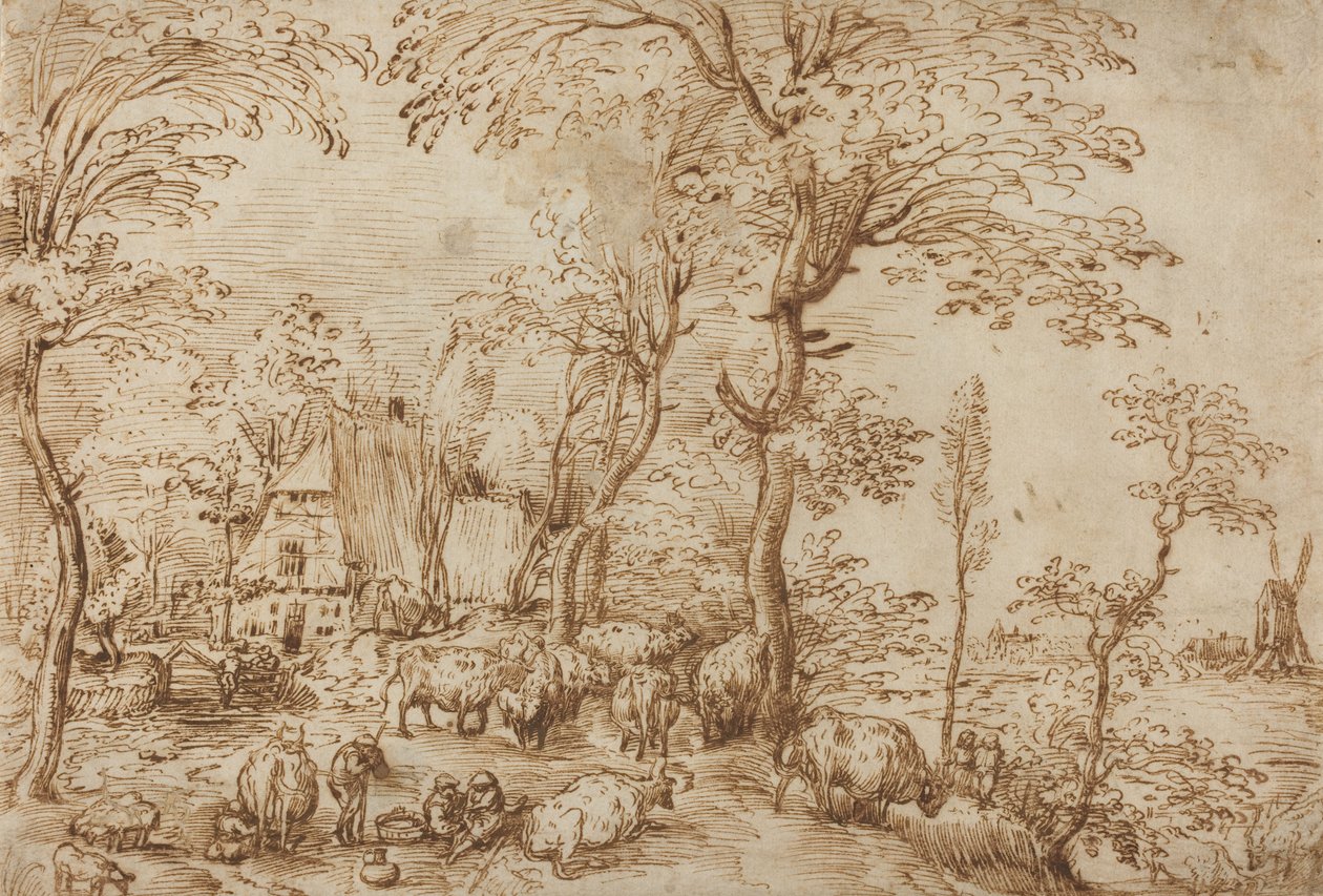 Camponeses e gado perto de uma fazenda, c.1553-54 (caneta e tinta marrom no papel) de Pieter Bruegel the Elder