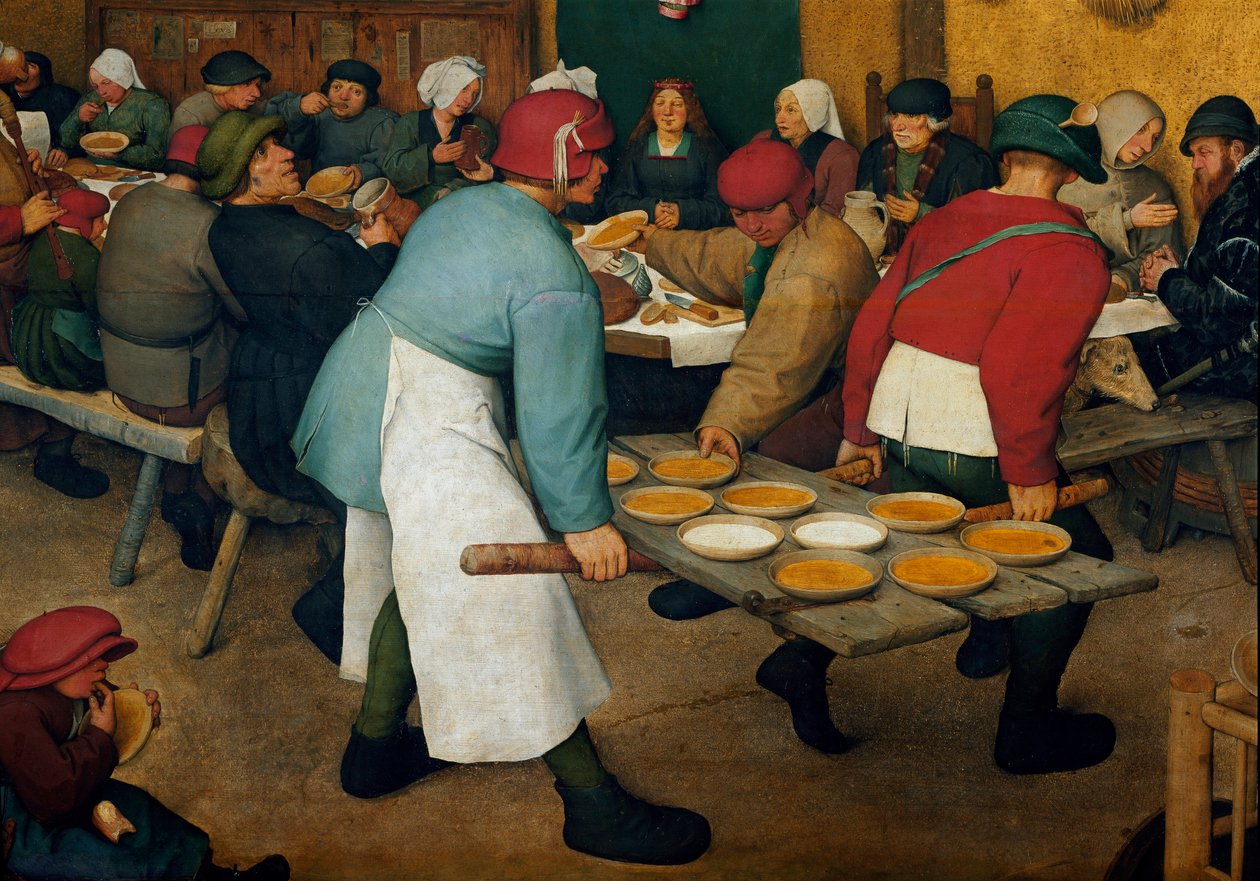 O detalhe da lua-de-mel. Placas numa bandeja. Pintura de Pieter Bruegel (ou Breugel ou Brueghel ou Breughel) disse o primeiro (1525-1569) de Pieter Bruegel the Elder