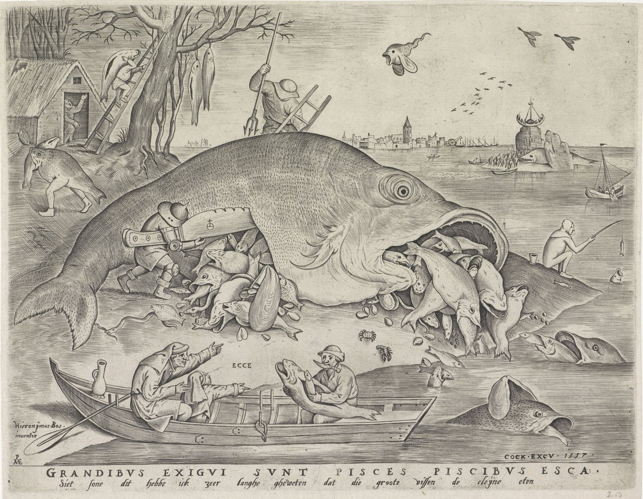 Peixe grande come o peixe pequeno, gravado por Pieter van der Heyden, 1557 de Pieter The Elder after Brueghel