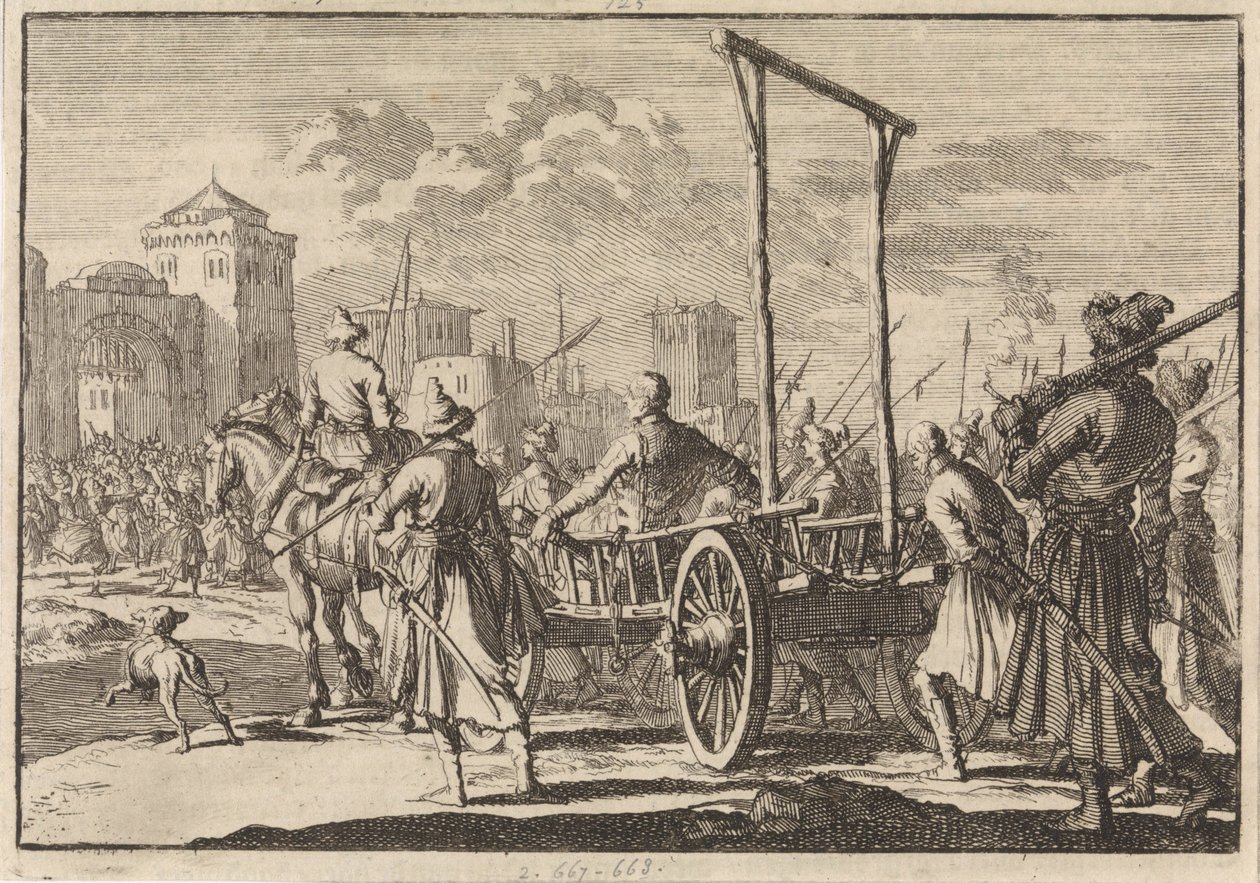 Chegada de Stepan Razin e seu irmão Frol em uma gaiola de ferro em Moscou, 1671, 1698 de Pieter Van der Aa