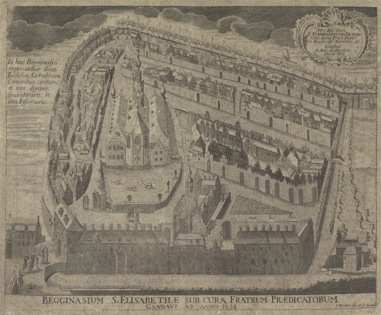 Gezicht op het Sint-Elisabethbegijnhof em Sint-Elisabethkerk te Gent Begginasium de St. Elisabeth sob os cuidados dos Irmãos Pregadores de Ghent desde o ano de 1234 (título no objeto) de Pieter Wauters