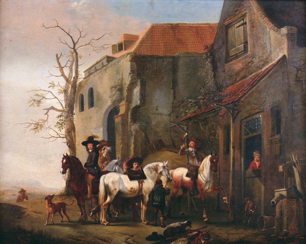 Cavaleiros e cavalos na porta de uma pousada de Pieter Wouwermans or Wouwerman
