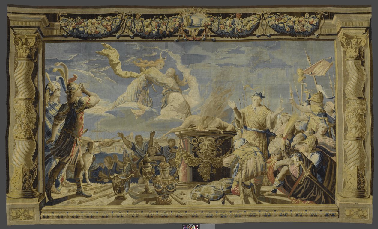 Tapeçaria representando a intervenção de Ártemis durante a preparação do sacrifício de Ifigênia A História de Ifigênia e Orestes (título da série) de Pieter de Cracht (workshop of)