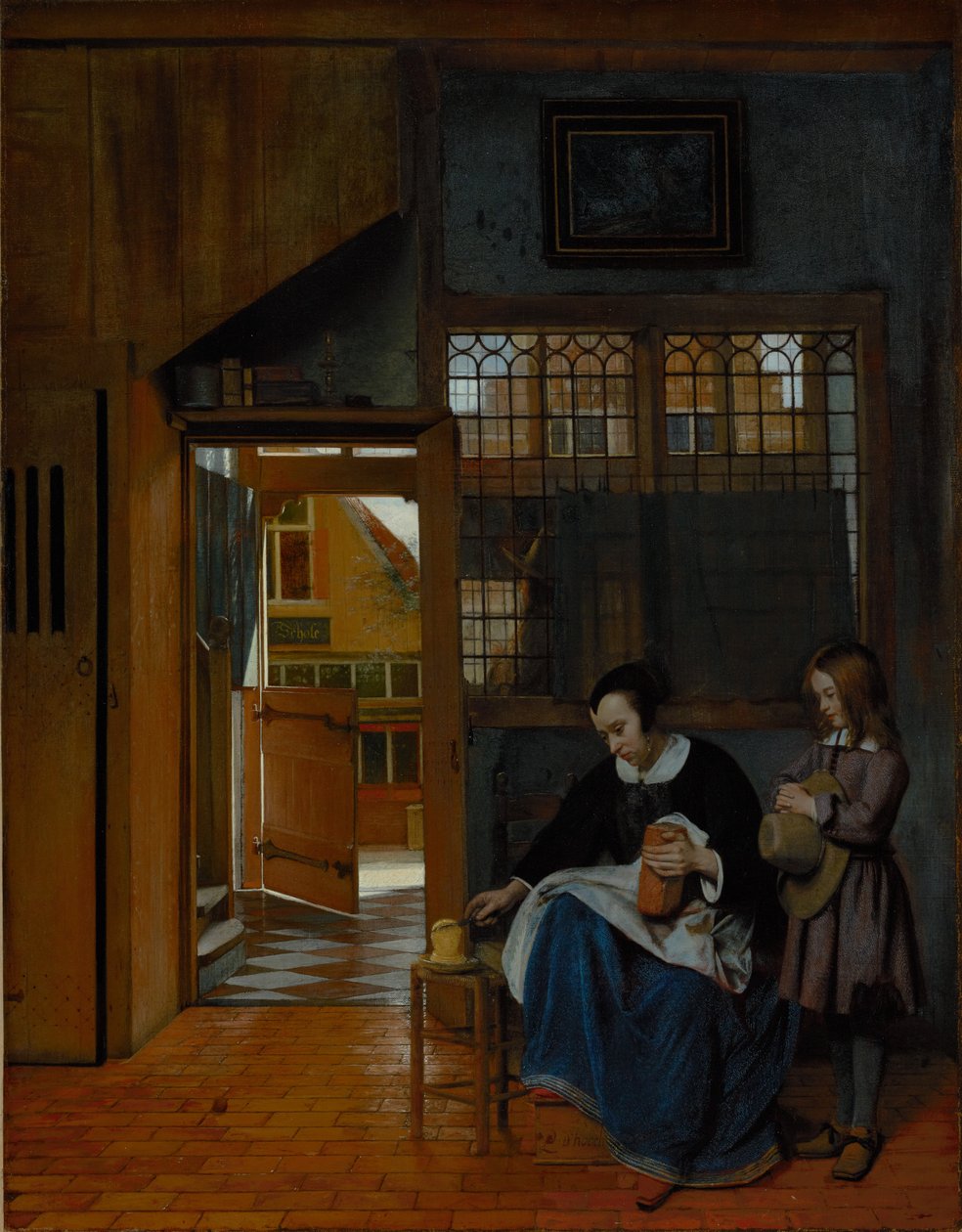 Uma mulher a preparar pão com manteiga para um rapaz de Pieter de Hooch
