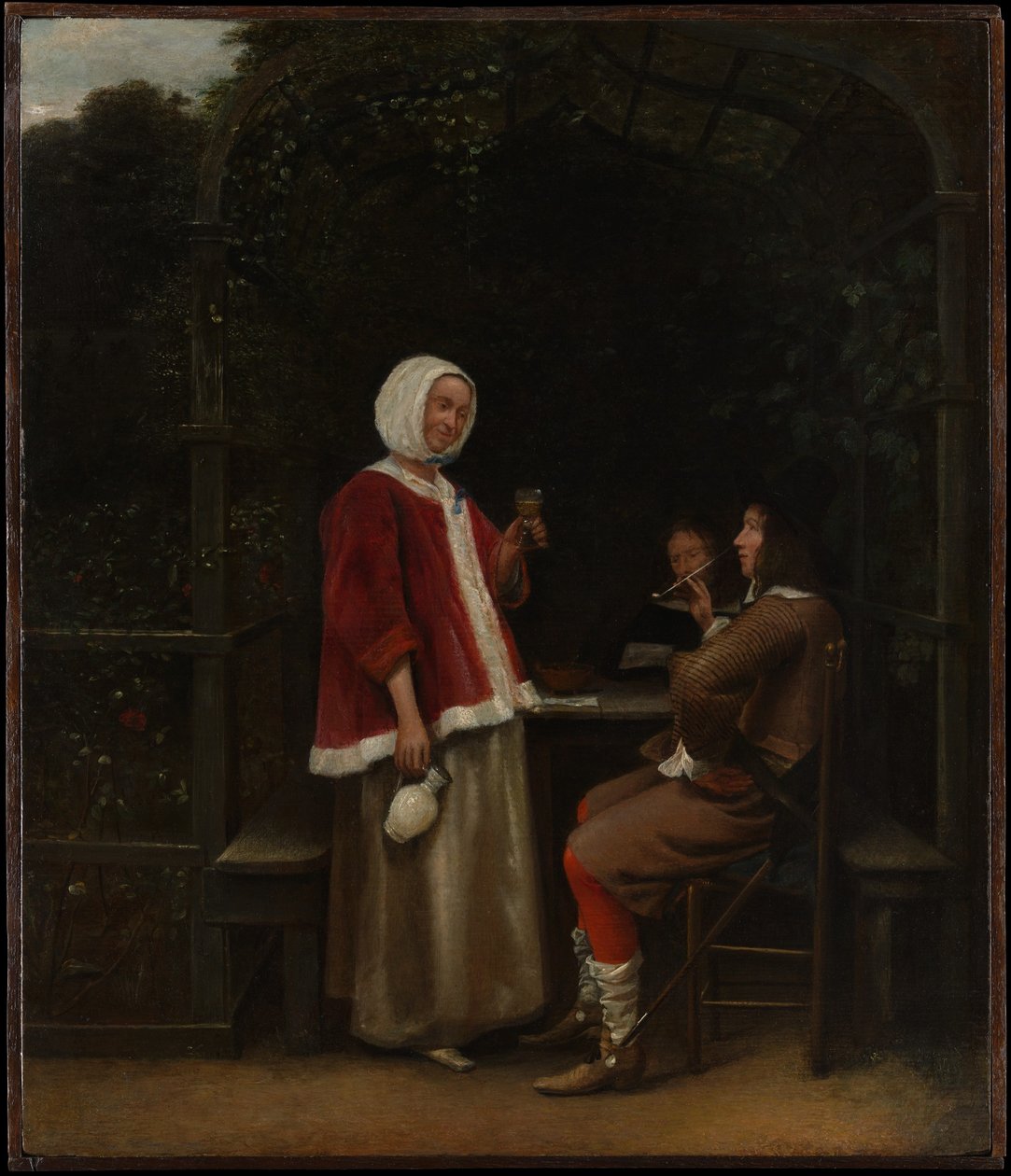 Uma mulher e dois homens num caramanchão de Pieter de Hooch