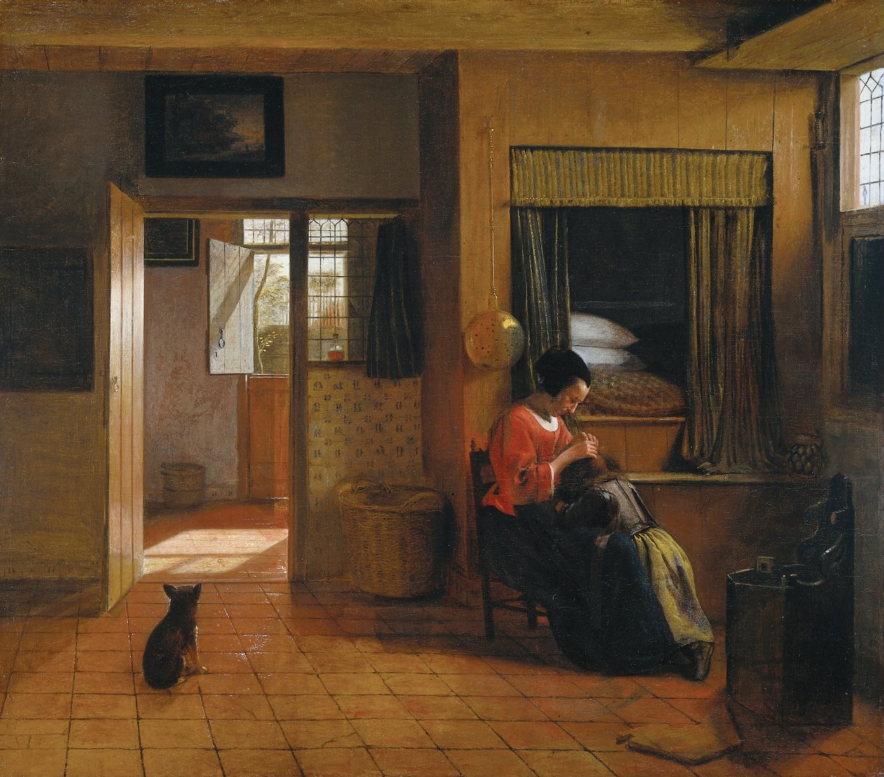 Quarto interno com uma mãe limpando o cabelo de seu filho, conhecido como &39;Trabalho da Mãe&39; de Pieter de Hooch