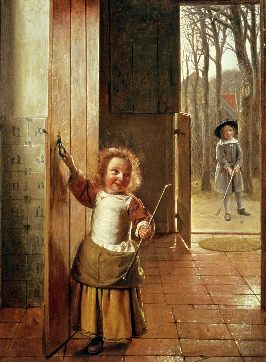 Crianças em uma entrada com varas &39;Golf&39;, c.1658-60 de Pieter de Hooch