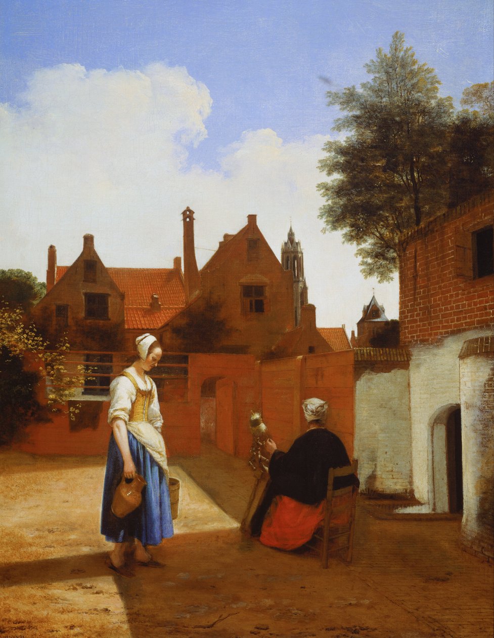 Pátio em Delft ao entardecer: uma mulher a fiar de Pieter de Hooch