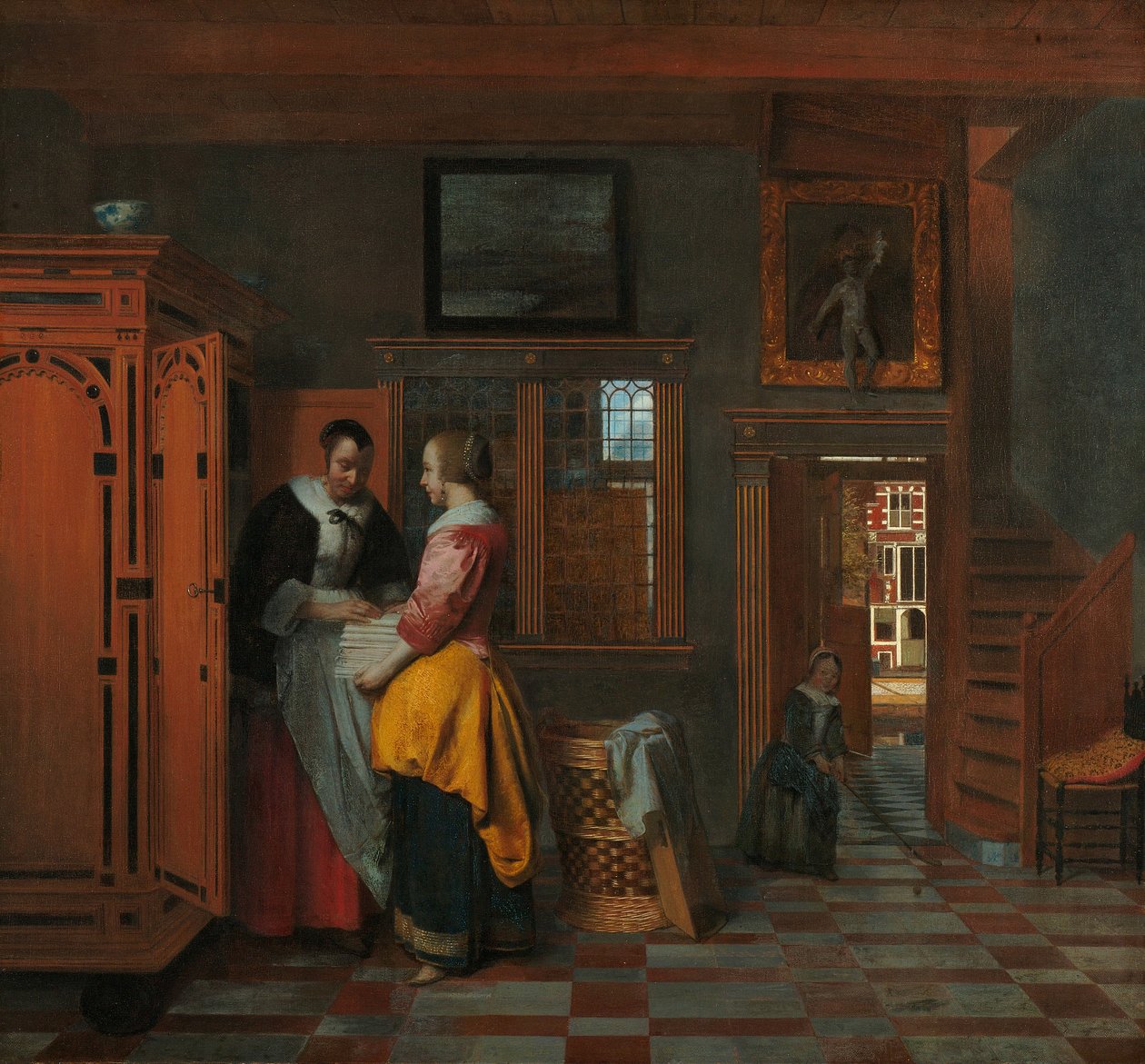 Interior com mulheres ao lado de um armário de linho de Pieter de Hooch