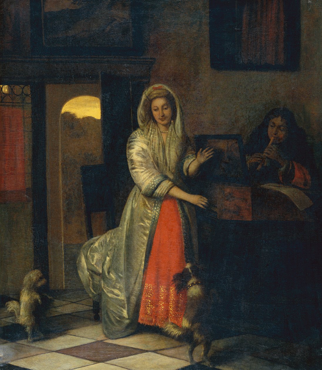 Lady and a Gentleman fazendo música com cães dançantes de Pieter de Hooch