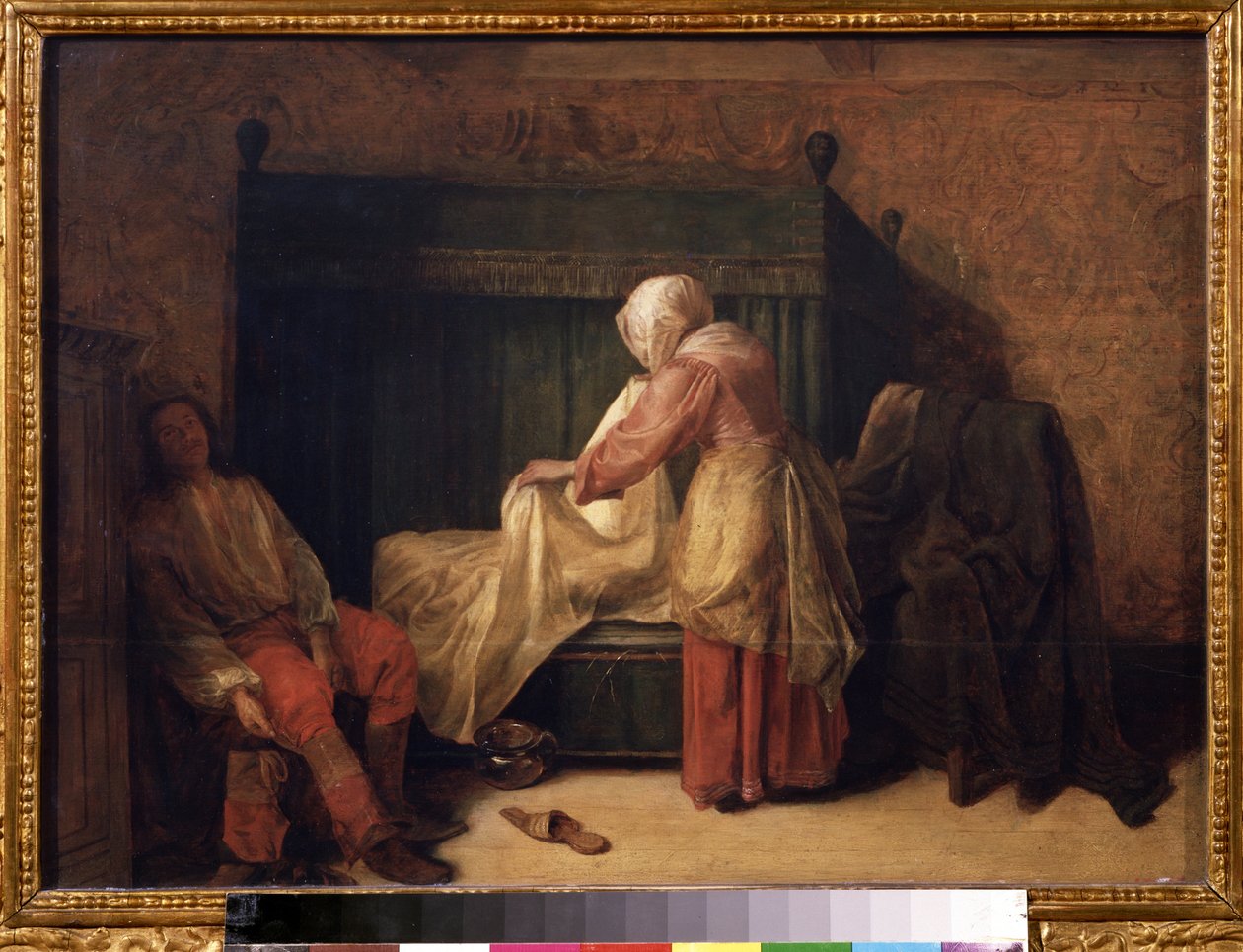 "A Manhã de um Jovem" Um jovem que se prepara para acordar enquanto uma empregada faz a cama. No chão, um chinelo e um vaso de câmara. Pintura por Pieter de Hooch (1629-1684) 1655-1657 Museu Pushkin, Moscovo de Pieter de Hooch