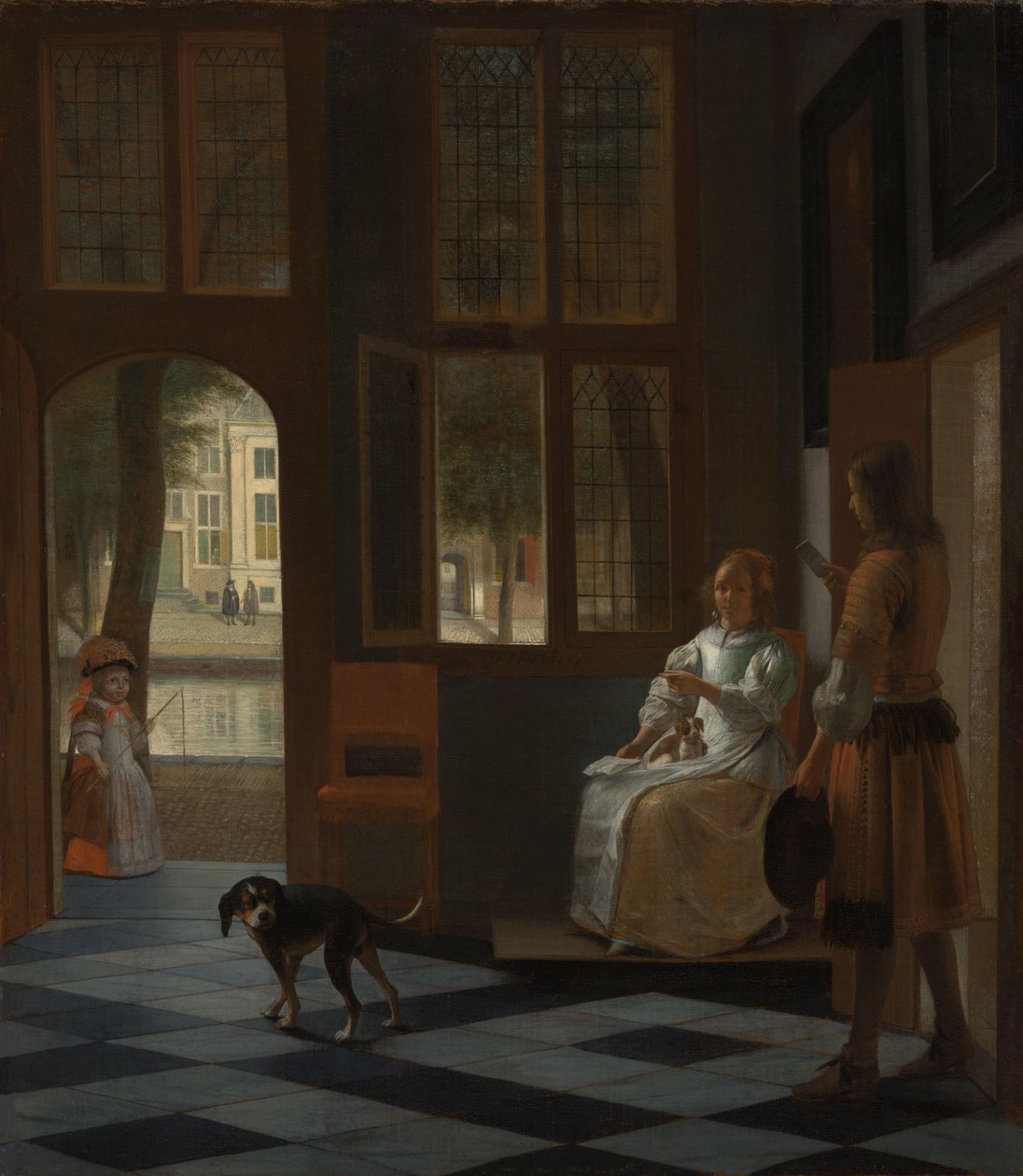 Homem entregando uma carta a uma mulher no hall de entrada de uma casa de Pieter de Hooch