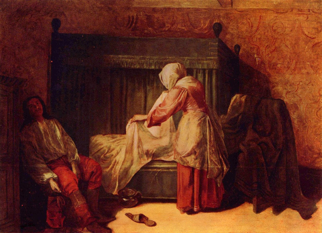 Um soldado a calçar uma bota e uma mulher a fazer a cama de Pieter de Hooch