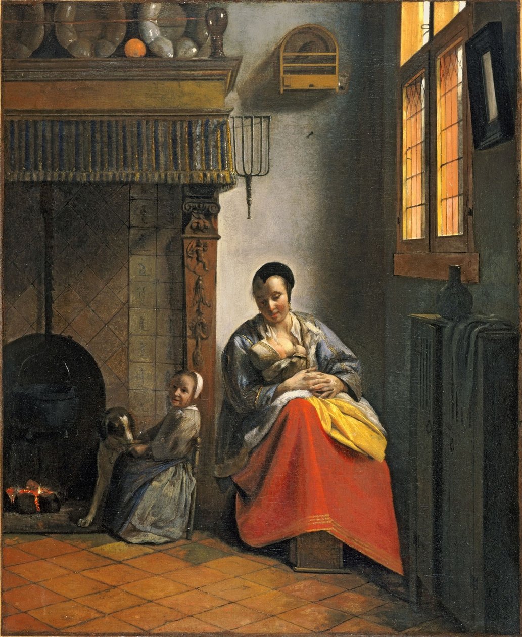 Mulher a amamentar um bebé, com uma criança e um cão de Pieter de Hooch