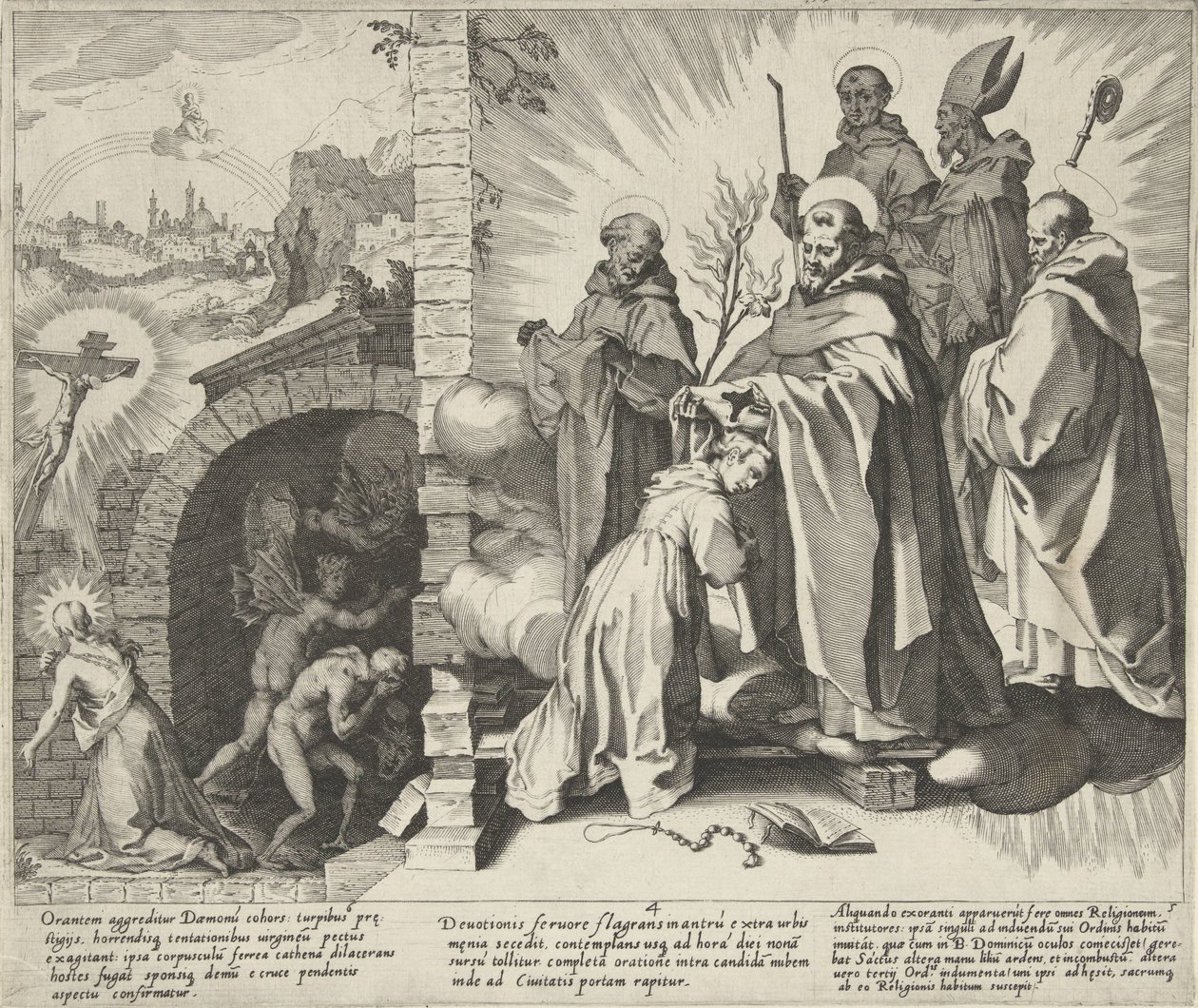 Santa Catarina reza / Visão de Santa Catarina / Santa Catarina torna-se Dominicana
Cenas da vida e milagres de Santa Catarina de Siena (título da série)
Vita mors gesta, et miracula quaedam selecta B. CATHERINAE SENENSIS (...) (título da série) de Pieter de Jode (I)