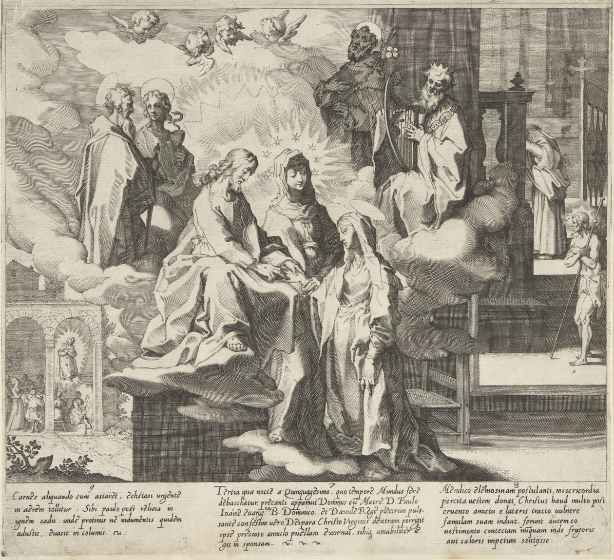 Catherine aparece / Casamento de Catherine / Catherine partilha o seu manto
Cenas da vida e milagres de Santa Catarina de Siena (título da série)
Vita mors gesta, et miracula quaedam selecta B. CATHERINAE SENENSIS (...) (título da série) de Pieter de Jode (I)