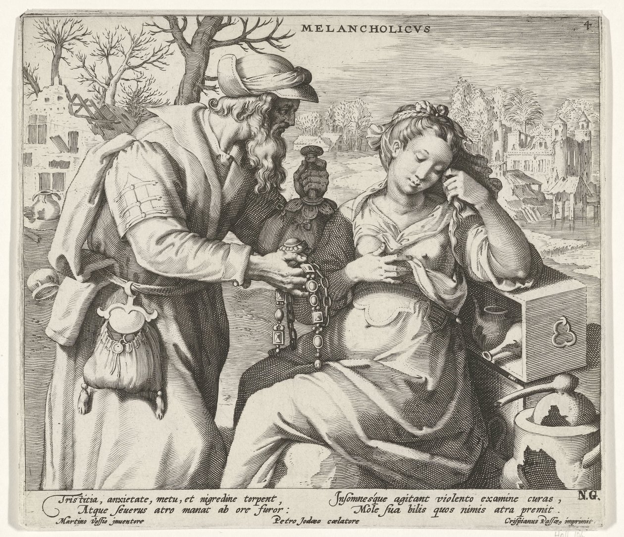O temperamento melancólico Melancholicvs (título no objeto) Os quatro temperamentos (título da série) de Pieter de Jode (I)