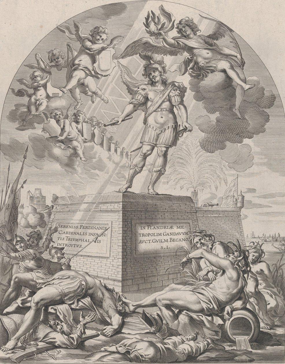 Placa 1: Ferdinand como Marte, de pé em um pedestal, de 