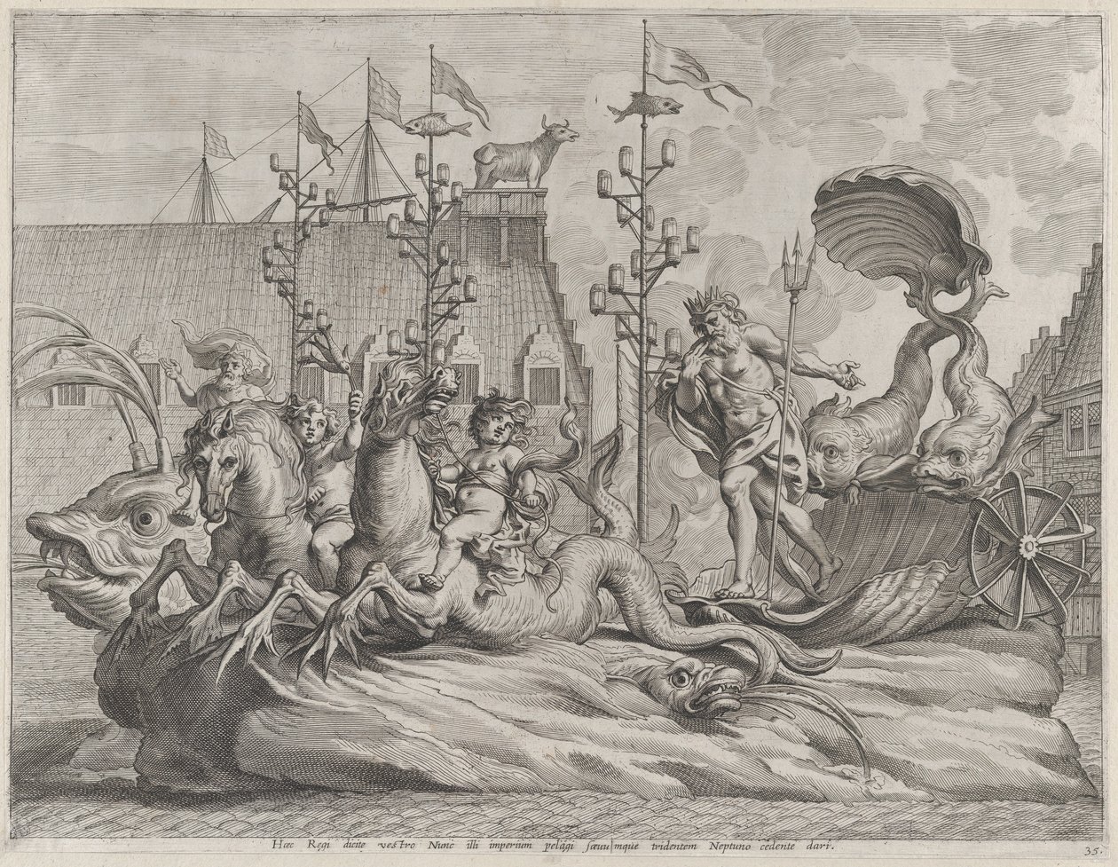 Gravura 35: Filipe da Espanha como Netuno, andando em uma carruagem puxada por dois cavalos marinhos, de Gu..., 1636. de Pieter de Jode II