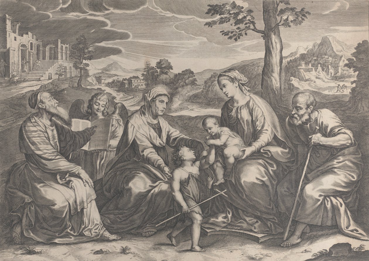 A Sagrada Família à direita, com o infante São João Batista, Isabel, Zacarias,..., 1631-37. de Pieter de Jode II