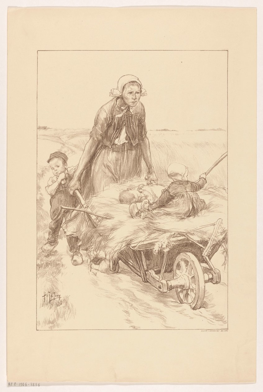 A mulher do agricultor empurrando um carrinho de mão com feno e dois filhos de Pieter de Josselin