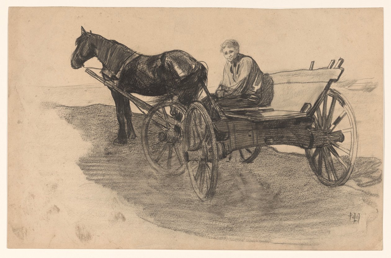 Cavalo e carruagem com alguém nele de Pieter de Josselin