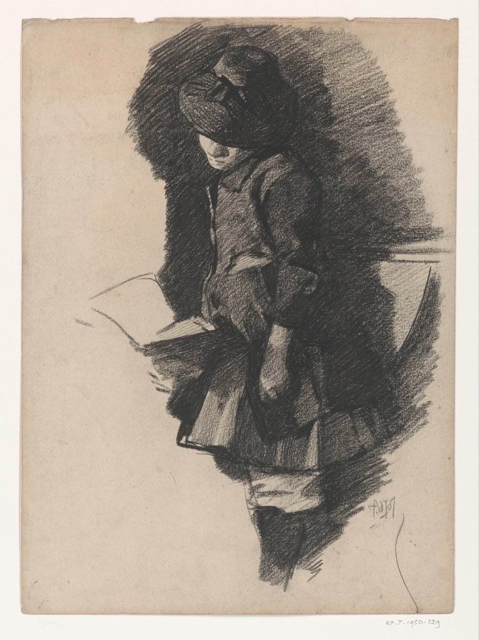 Menina de pé com chapéu, a olhar para um livro de Pieter de Josselin